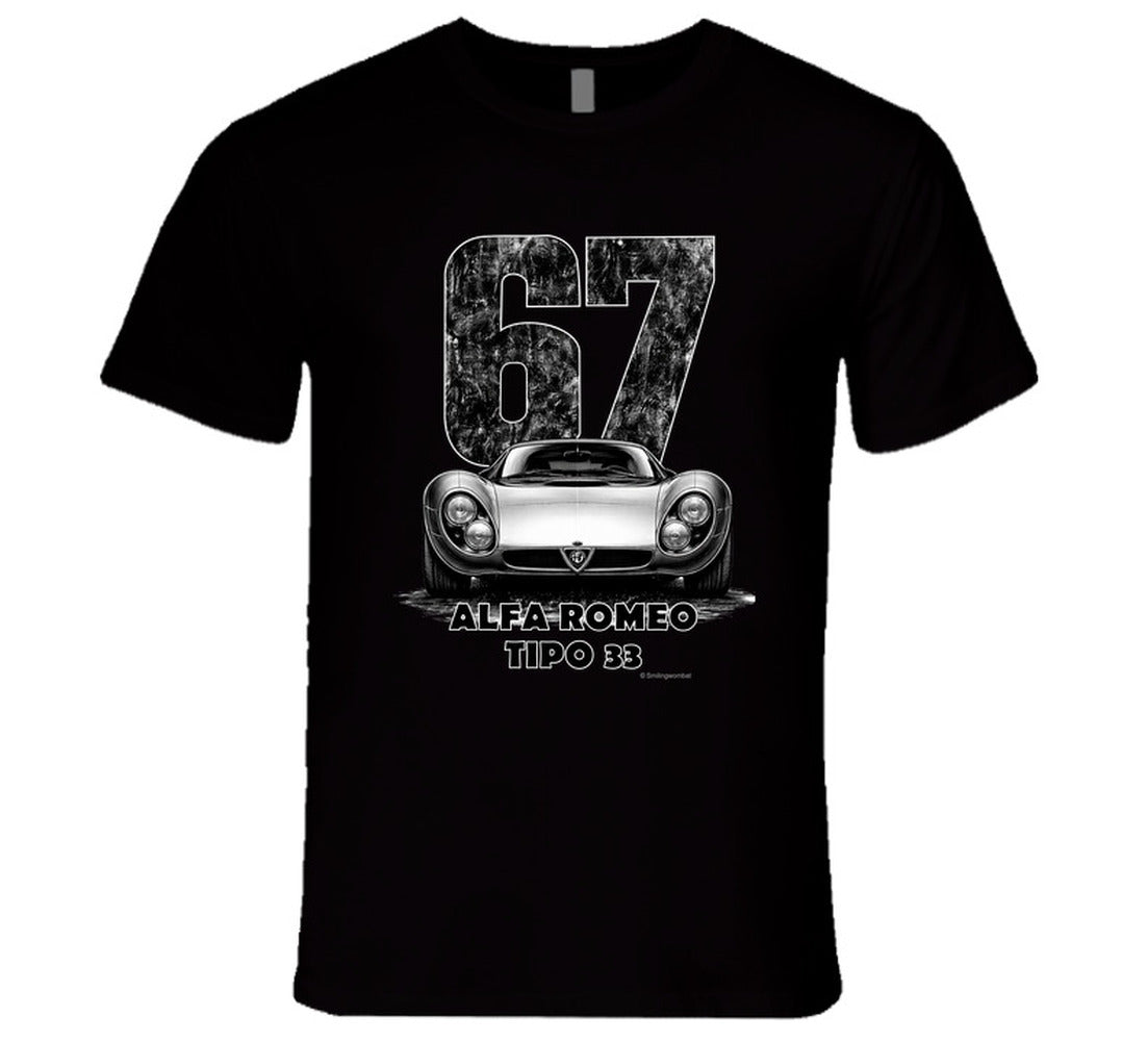 "Vintage 1967 Alfa Romeo Tipo 33 race car t-shirt with distressed number 67 graphic on white"