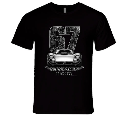 "Vintage 1967 Alfa Romeo Tipo 33 race car t-shirt with distressed number 67 graphic on white"
