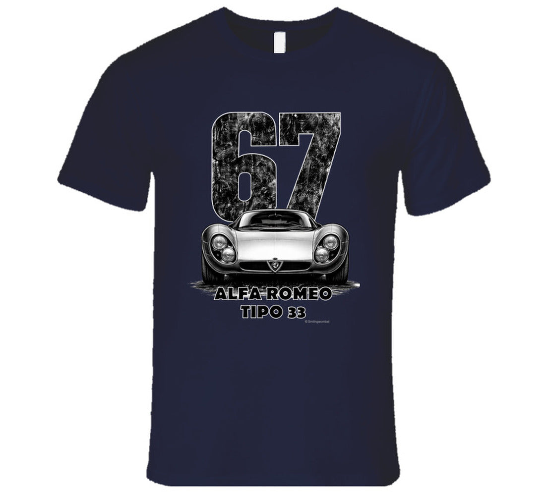 "Vintage 1967 Alfa Romeo Tipo 33 race car t-shirt with distressed number 67 graphic on white"