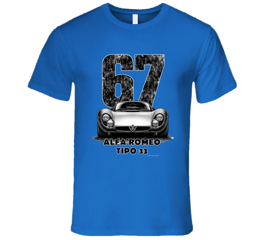 "Vintage 1967 Alfa Romeo Tipo 33 race car t-shirt with distressed number 67 graphic on white"