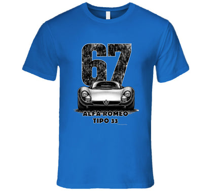 "Vintage 1967 Alfa Romeo Tipo 33 race car t-shirt with distressed number 67 graphic on white"