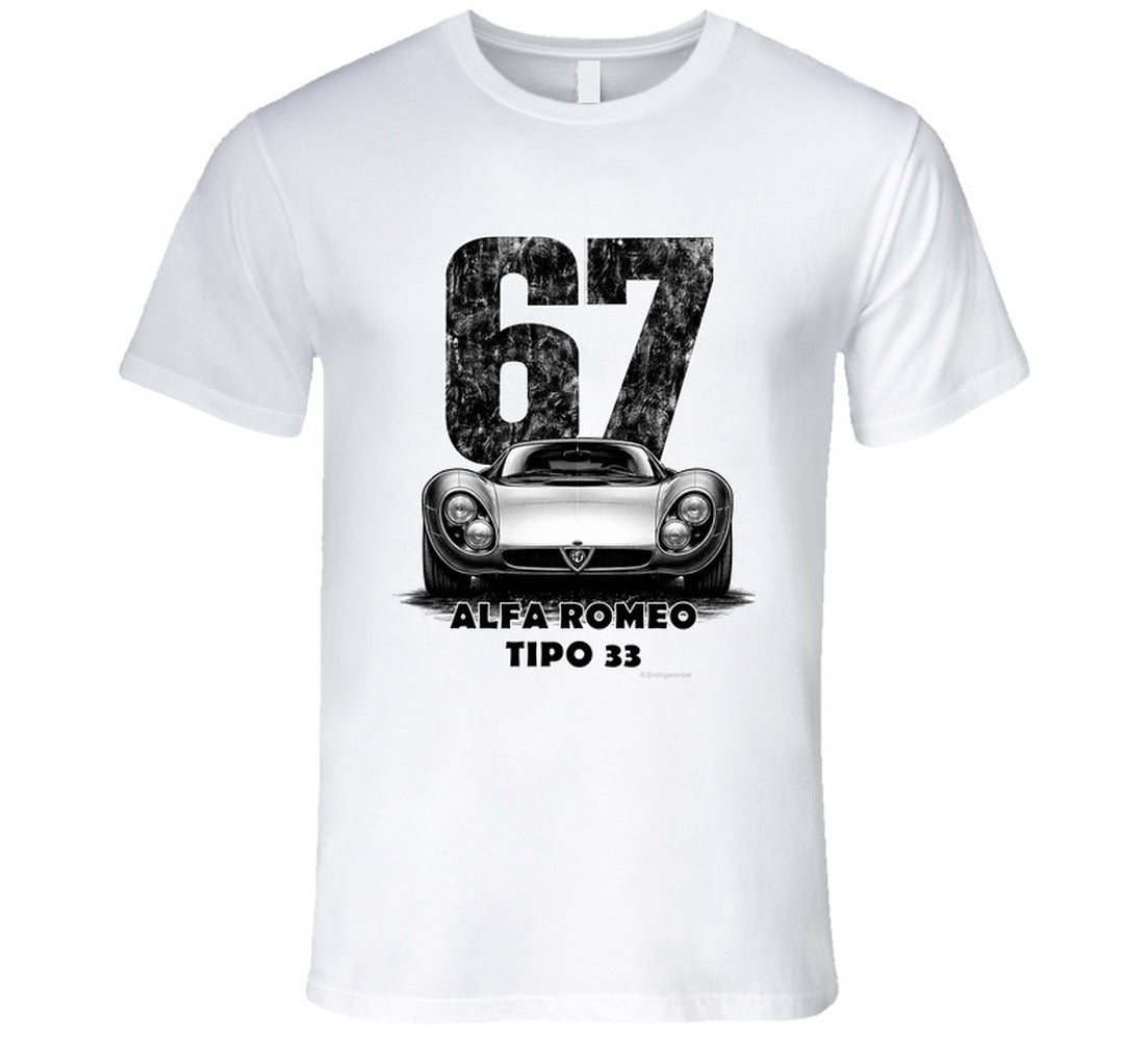 "Vintage 1967 Alfa Romeo Tipo 33 race car t-shirt with distressed number 67 graphic on white"