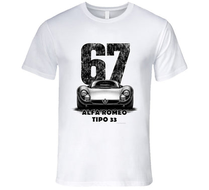 "Vintage 1967 Alfa Romeo Tipo 33 race car t-shirt with distressed number 67 graphic on white"