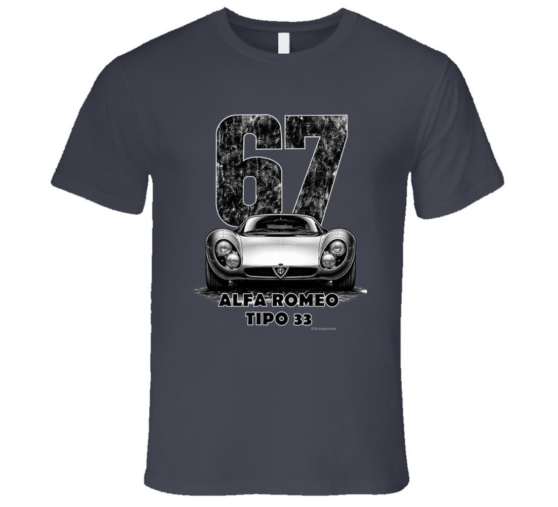 "Vintage 1967 Alfa Romeo Tipo 33 race car t-shirt with distressed number 67 graphic on white"