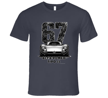 "Vintage 1967 Alfa Romeo Tipo 33 race car t-shirt with distressed number 67 graphic on white"