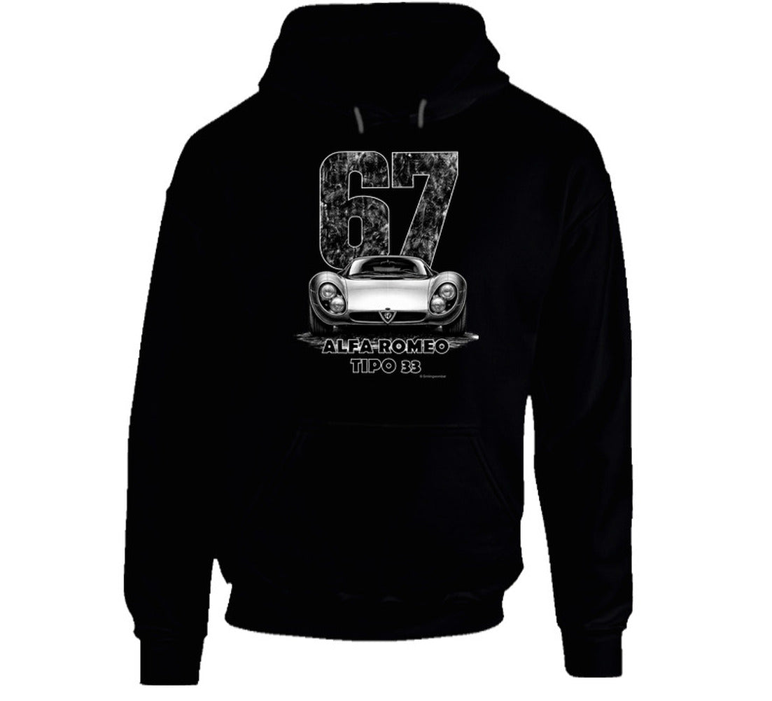  "Classic Alfa Romeo Tipo 33 hoodie with vintage 67 race number and distressed black and white graphic"
