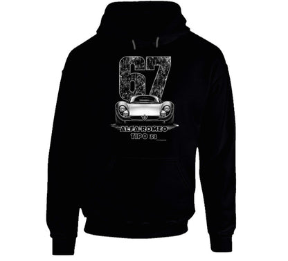  "Classic Alfa Romeo Tipo 33 hoodie with vintage 67 race number and distressed black and white graphic"