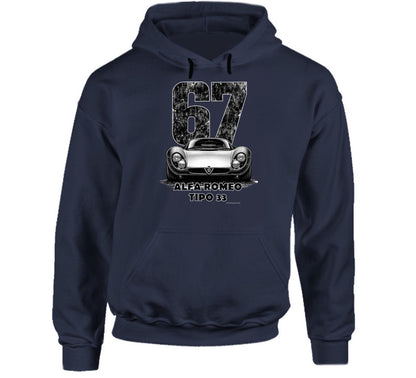  "Classic Alfa Romeo Tipo 33 hoodie with vintage 67 race number and distressed black and white graphic"