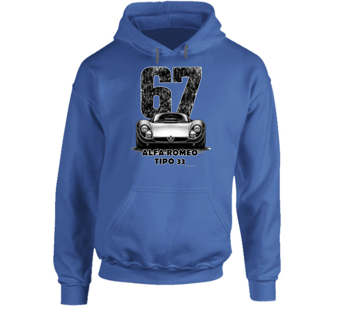  "Classic Alfa Romeo Tipo 33 hoodie with vintage 67 race number and distressed black and white graphic"