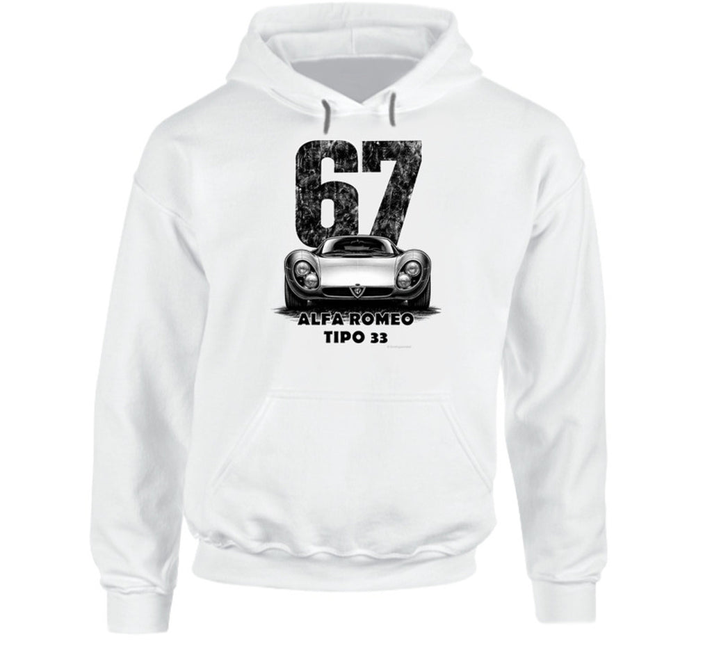  "Classic Alfa Romeo Tipo 33 hoodie with vintage 67 race number and distressed black and white graphic"