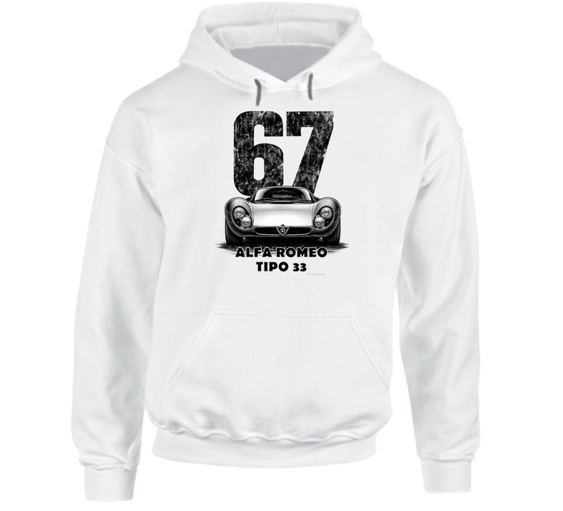  "Classic Alfa Romeo Tipo 33 hoodie with vintage 67 race number and distressed black and white graphic"