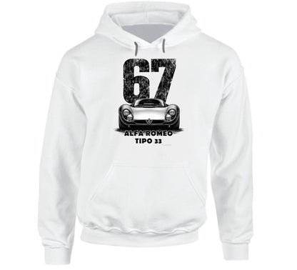  "Classic Alfa Romeo Tipo 33 hoodie with vintage 67 race number and distressed black and white graphic"