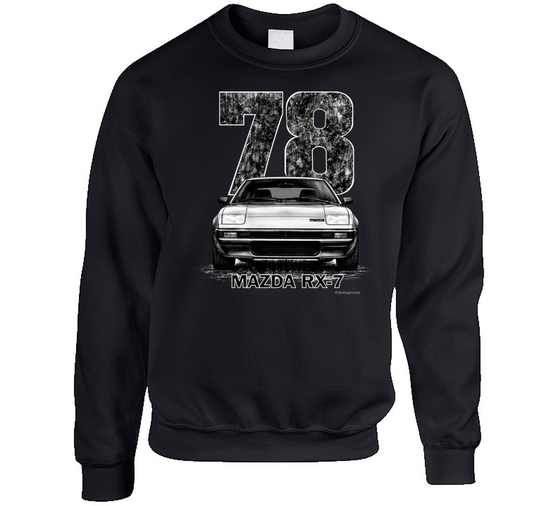  crewneck sweatshirt with 1978 Mazda RX-7 distressed vintage graphic, classic rotary sports car design for car lovers