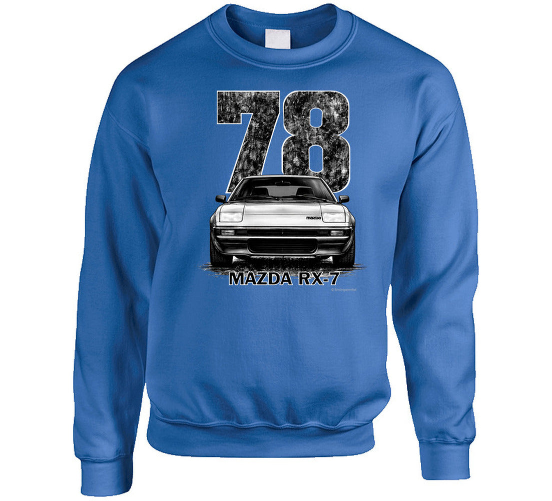  crewneck sweatshirt with 1978 Mazda RX-7 distressed vintage graphic, classic rotary sports car design for car lovers