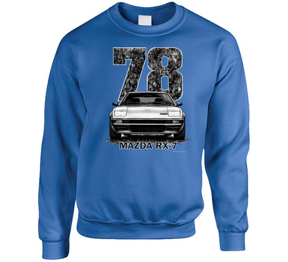  crewneck sweatshirt with 1978 Mazda RX-7 distressed vintage graphic, classic rotary sports car design for car lovers