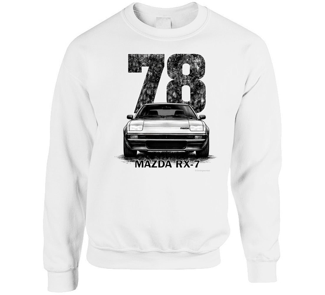  crewneck sweatshirt with 1978 Mazda RX-7 distressed vintage graphic, classic rotary sports car design for car lovers