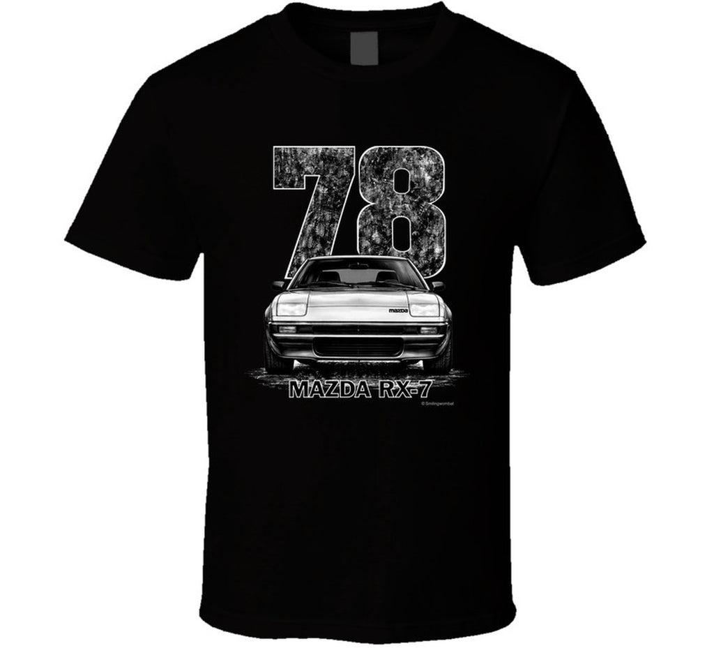 t-shirt featuring 1978 Mazda RX-7 vintage car graphic with distressed black numbers and retro automotive design for JDM enthusiasts
