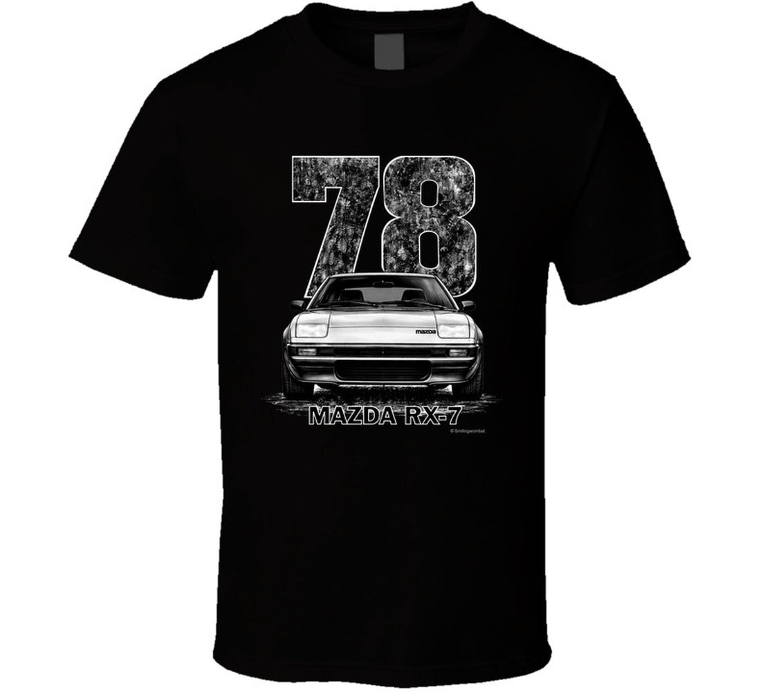 t-shirt featuring 1978 Mazda RX-7 vintage car graphic with distressed black numbers and retro automotive design for JDM enthusiasts