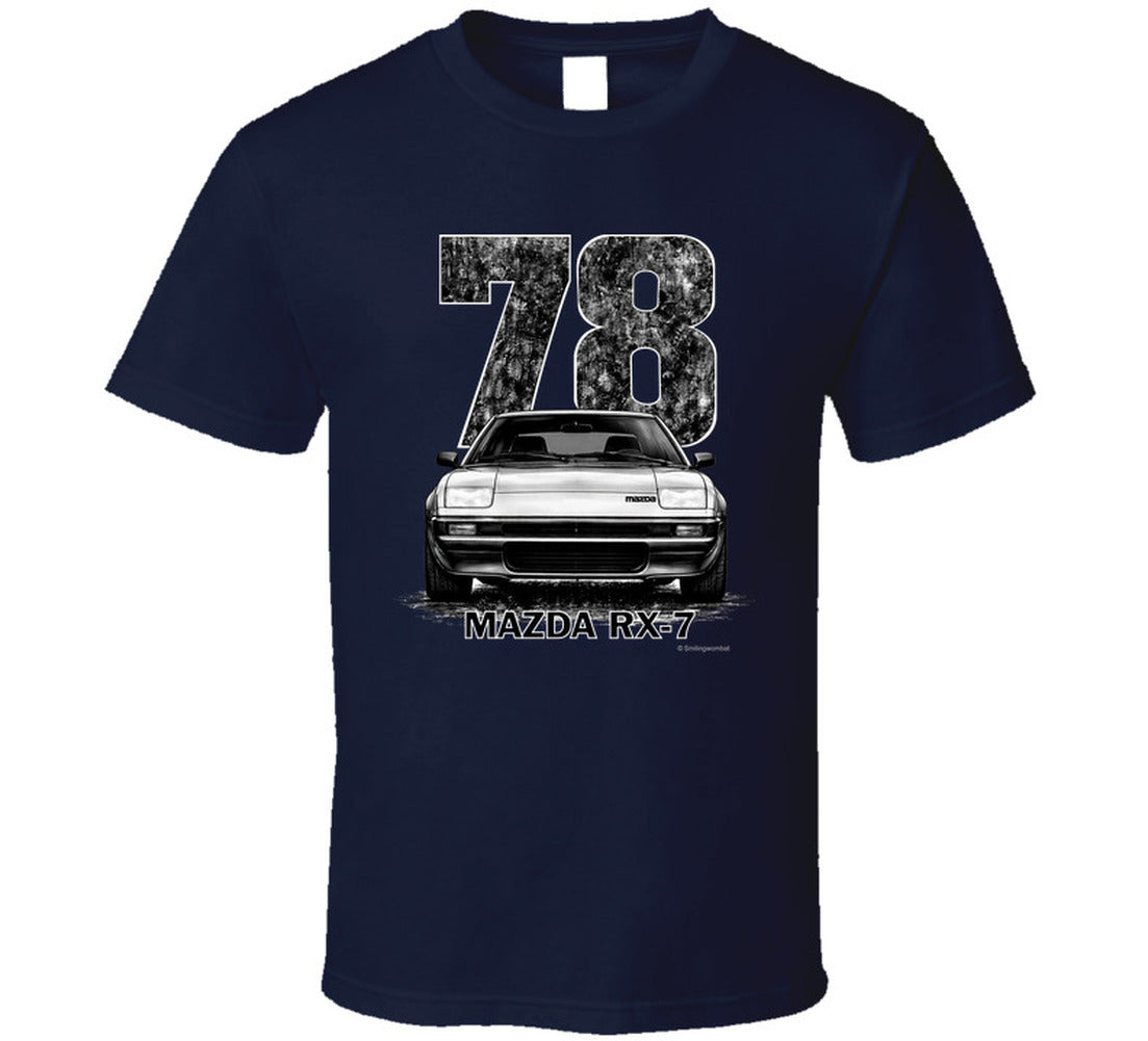 t-shirt featuring 1978 Mazda RX-7 vintage car graphic with distressed black numbers and retro automotive design for JDM enthusiasts