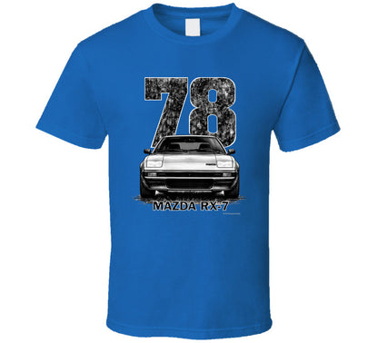 t-shirt featuring 1978 Mazda RX-7 vintage car graphic with distressed black numbers and retro automotive design for JDM enthusiasts