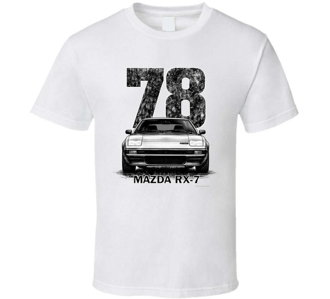 t-shirt featuring 1978 Mazda RX-7 vintage car graphic with distressed black numbers and retro automotive design for JDM enthusiasts