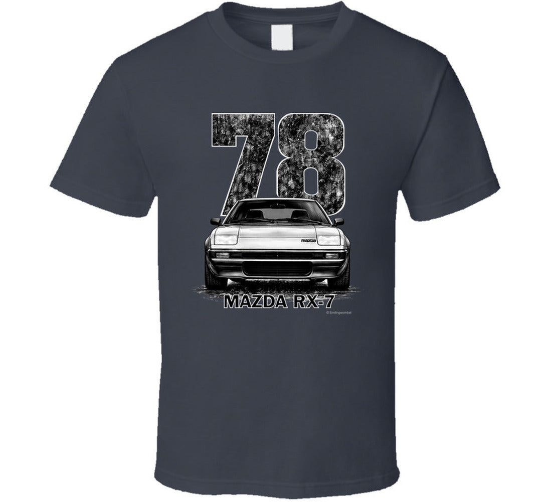 t-shirt featuring 1978 Mazda RX-7 vintage car graphic with distressed black numbers and retro automotive design for JDM enthusiasts