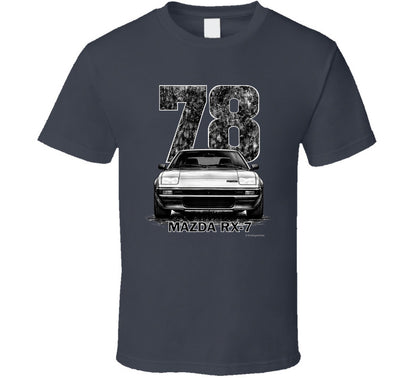 t-shirt featuring 1978 Mazda RX-7 vintage car graphic with distressed black numbers and retro automotive design for JDM enthusiasts