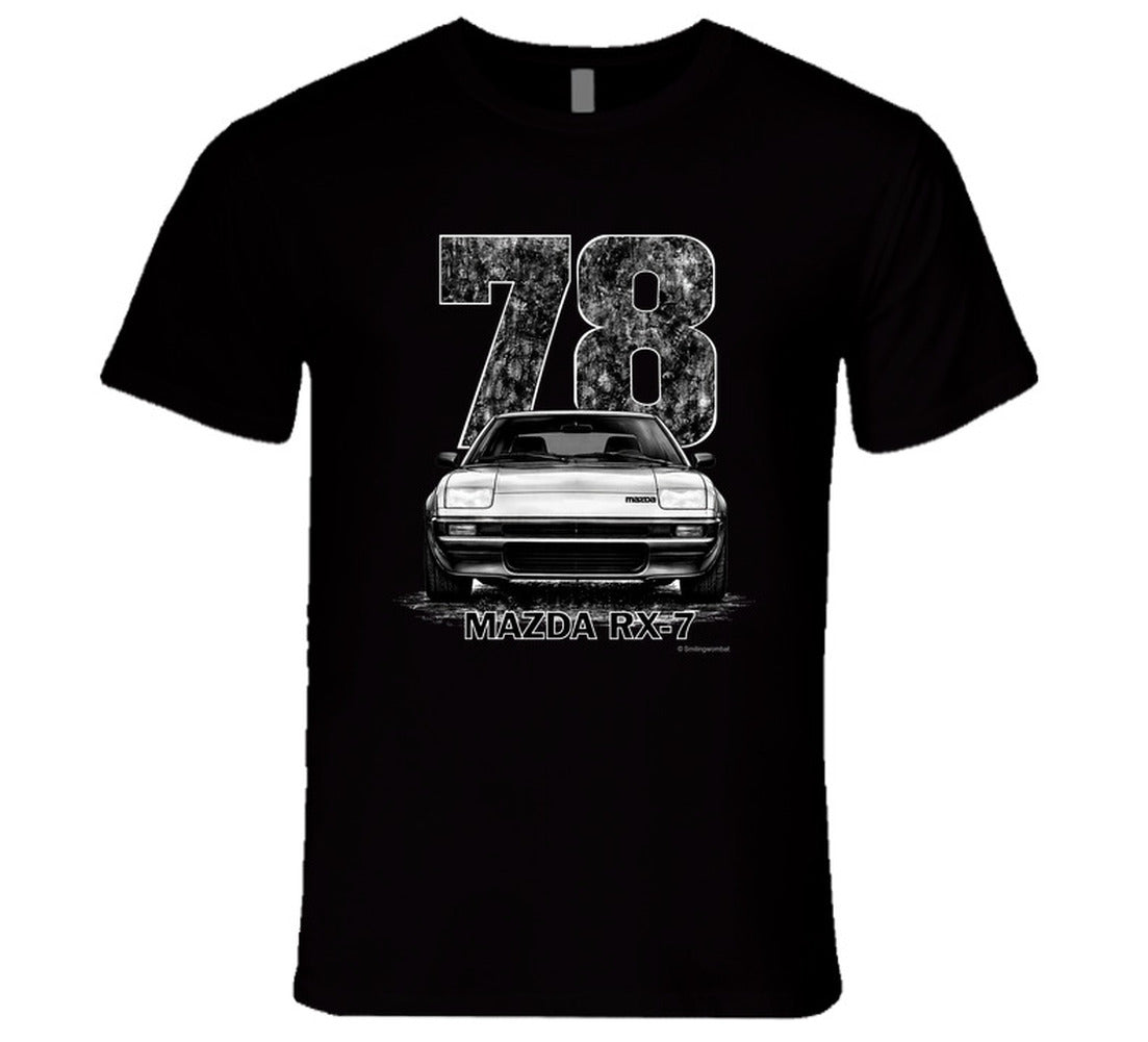 t-shirt featuring 1978 Mazda RX-7 vintage car graphic with distressed black numbers and retro automotive design for JDM enthusiasts