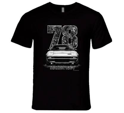 t-shirt featuring 1978 Mazda RX-7 vintage car graphic with distressed black numbers and retro automotive design for JDM enthusiasts