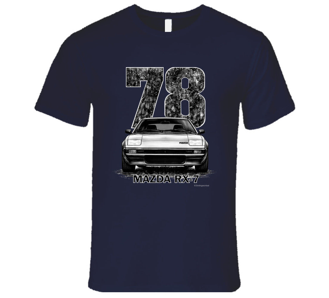 t-shirt featuring 1978 Mazda RX-7 vintage car graphic with distressed black numbers and retro automotive design for JDM enthusiasts