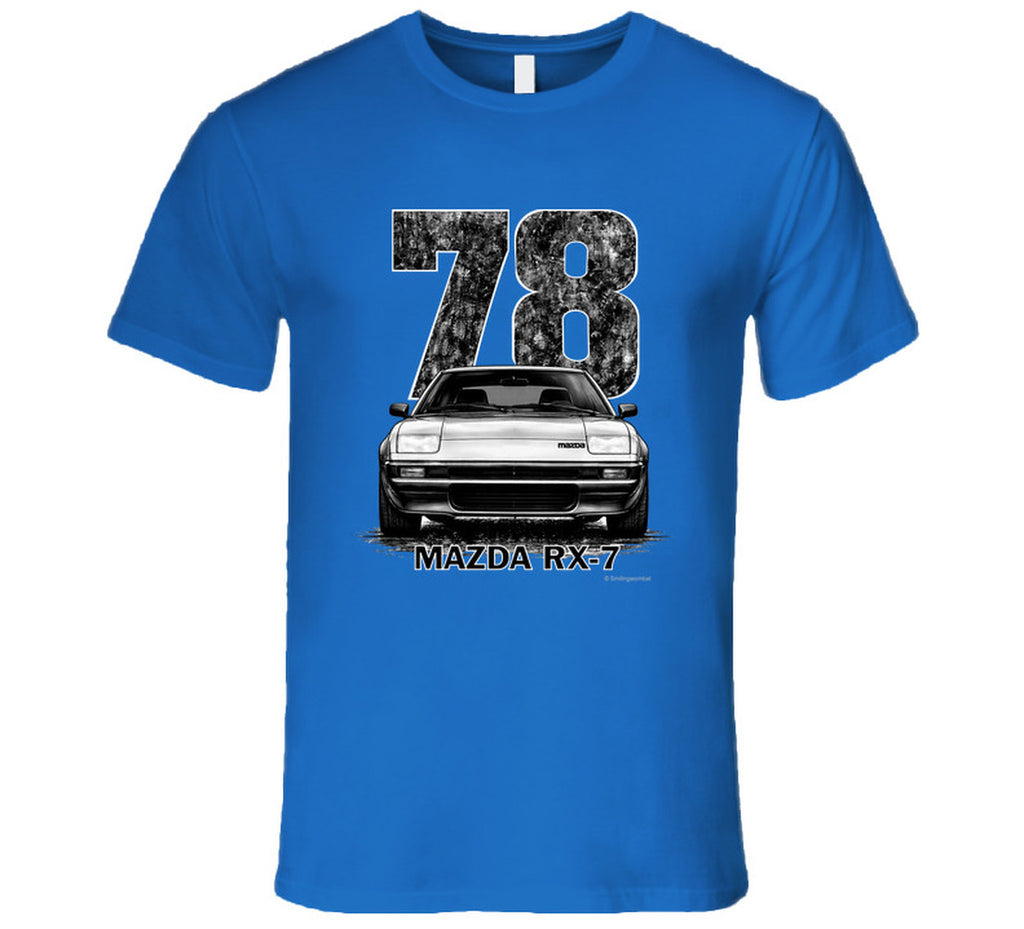 t-shirt featuring 1978 Mazda RX-7 vintage car graphic with distressed black numbers and retro automotive design for JDM enthusiasts