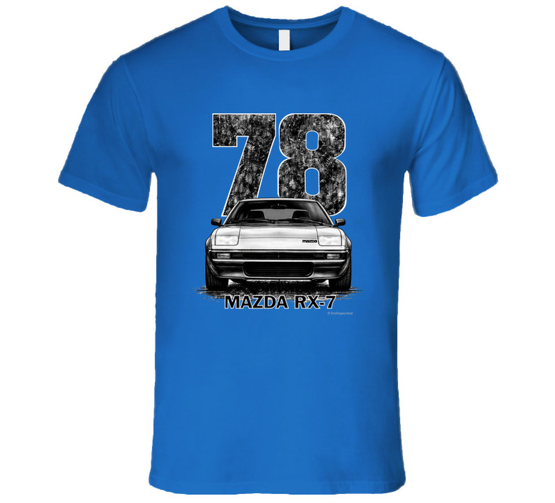 t-shirt featuring 1978 Mazda RX-7 vintage car graphic with distressed black numbers and retro automotive design for JDM enthusiasts