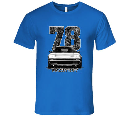 t-shirt featuring 1978 Mazda RX-7 vintage car graphic with distressed black numbers and retro automotive design for JDM enthusiasts