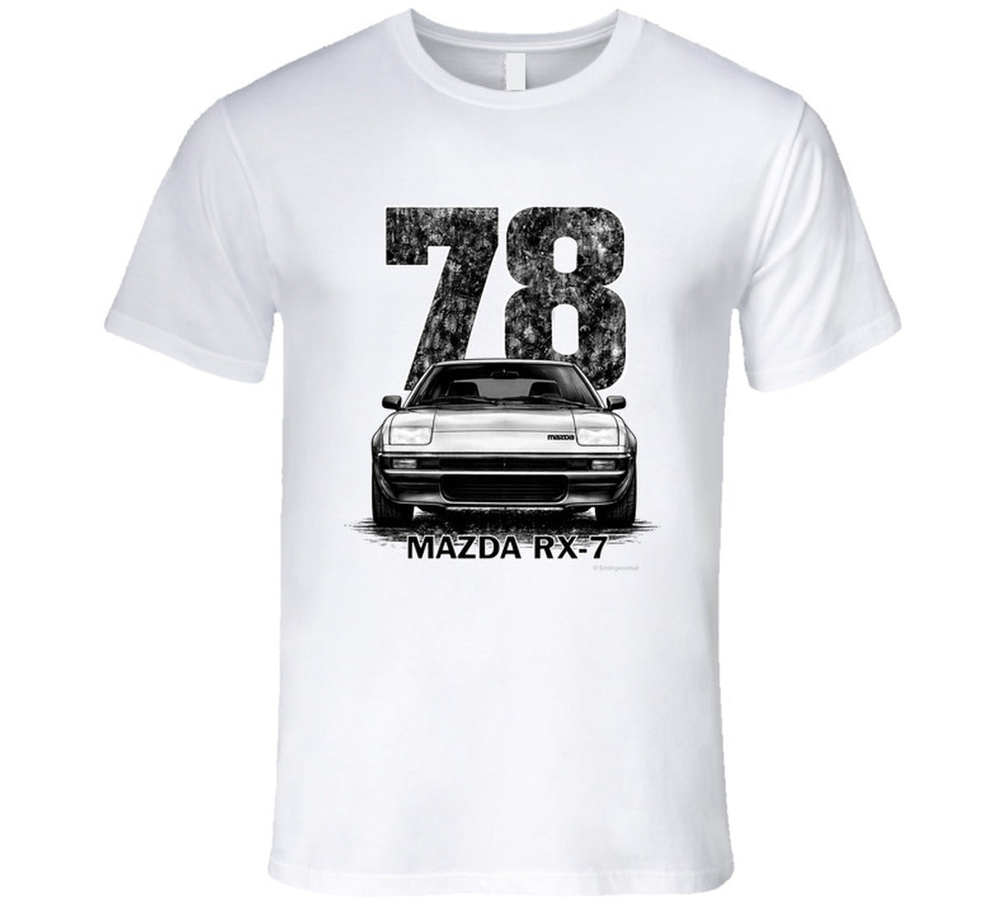 t-shirt featuring 1978 Mazda RX-7 vintage car graphic with distressed black numbers and retro automotive design for JDM enthusiasts