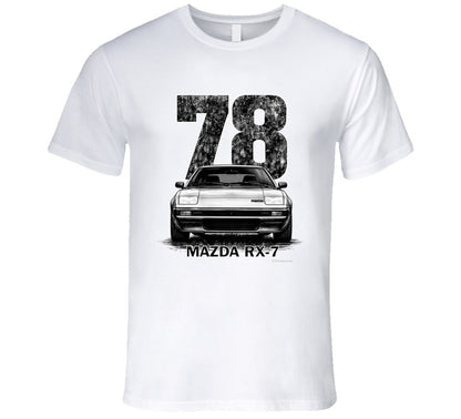 t-shirt featuring 1978 Mazda RX-7 vintage car graphic with distressed black numbers and retro automotive design for JDM enthusiasts