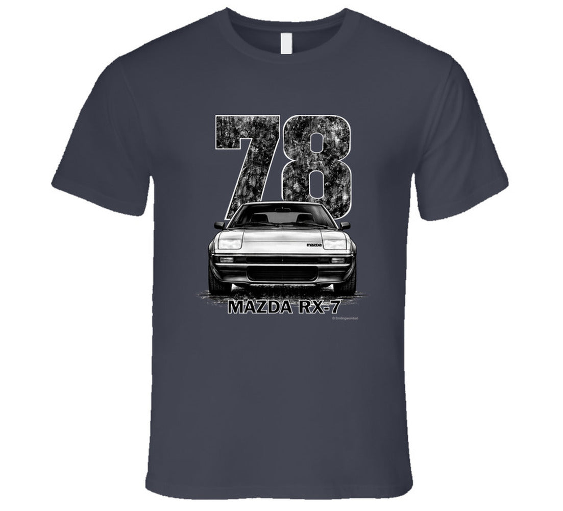 t-shirt featuring 1978 Mazda RX-7 vintage car graphic with distressed black numbers and retro automotive design for JDM enthusiasts