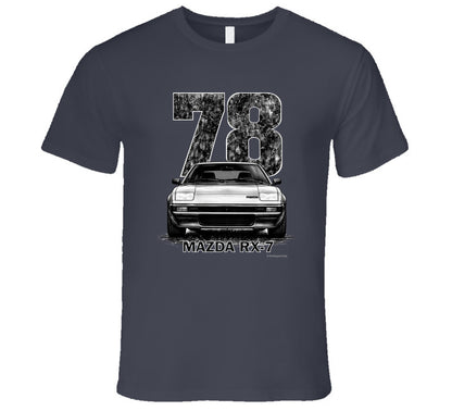 t-shirt featuring 1978 Mazda RX-7 vintage car graphic with distressed black numbers and retro automotive design for JDM enthusiasts