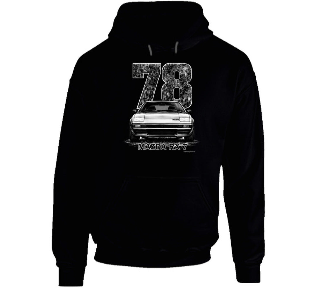 pullover hoodie featuring retro 1978 Mazda RX-7 graphic with bold distressed styling, vintage JDM automotive apparel