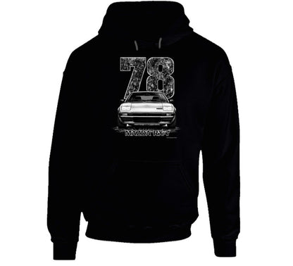 pullover hoodie featuring retro 1978 Mazda RX-7 graphic with bold distressed styling, vintage JDM automotive apparel