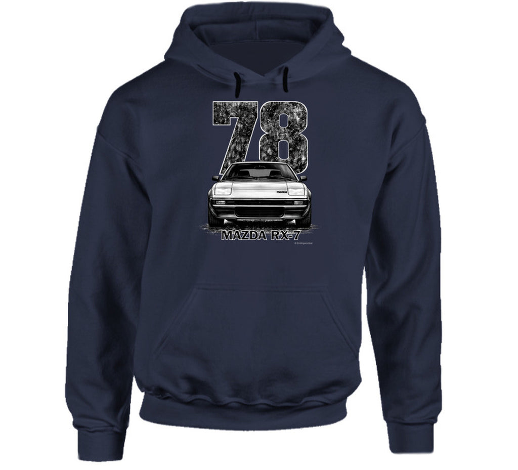 pullover hoodie featuring retro 1978 Mazda RX-7 graphic with bold distressed styling, vintage JDM automotive apparel