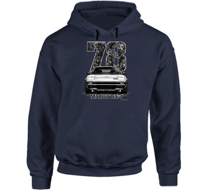pullover hoodie featuring retro 1978 Mazda RX-7 graphic with bold distressed styling, vintage JDM automotive apparel