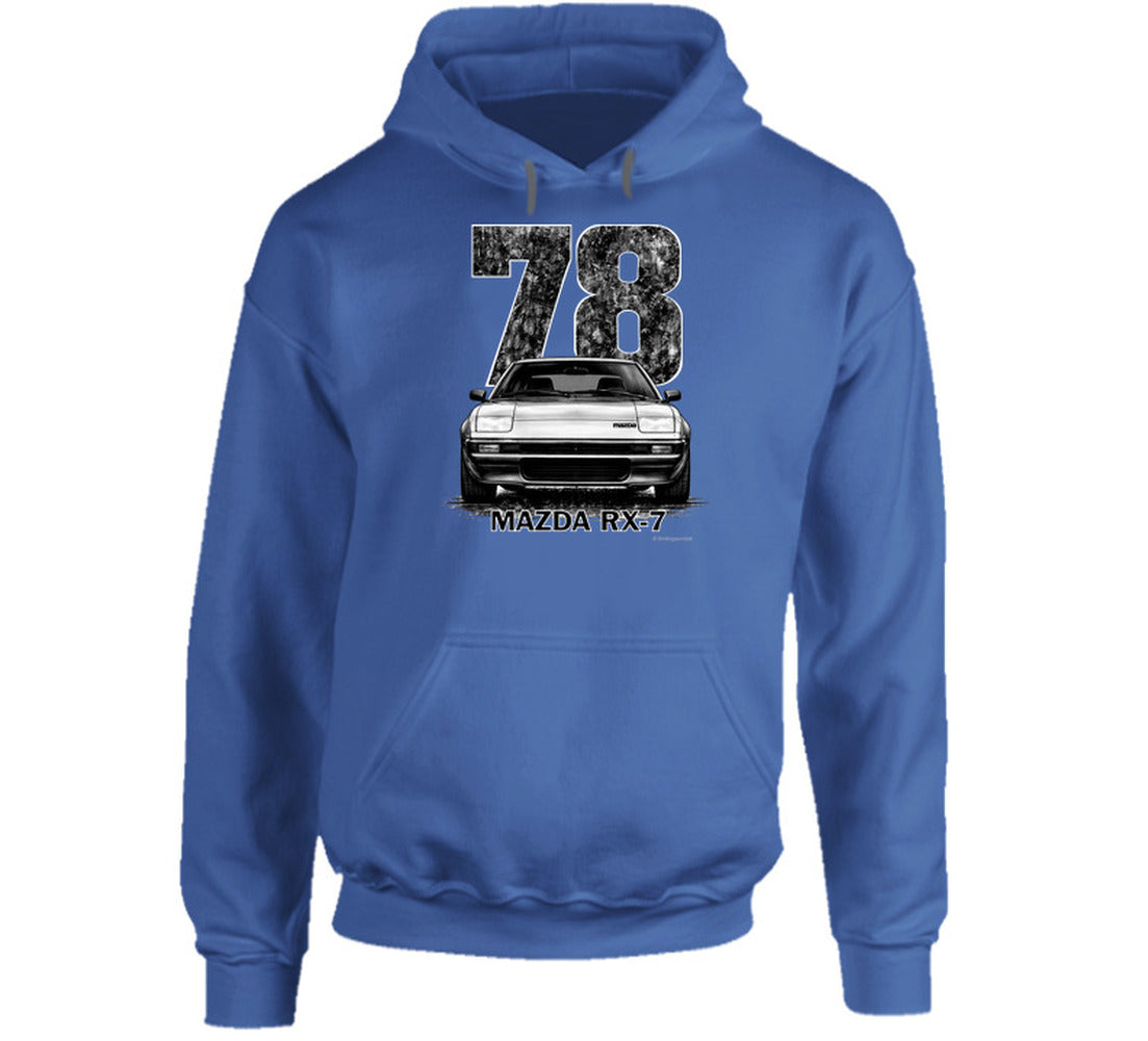 pullover hoodie featuring retro 1978 Mazda RX-7 graphic with bold distressed styling, vintage JDM automotive apparel