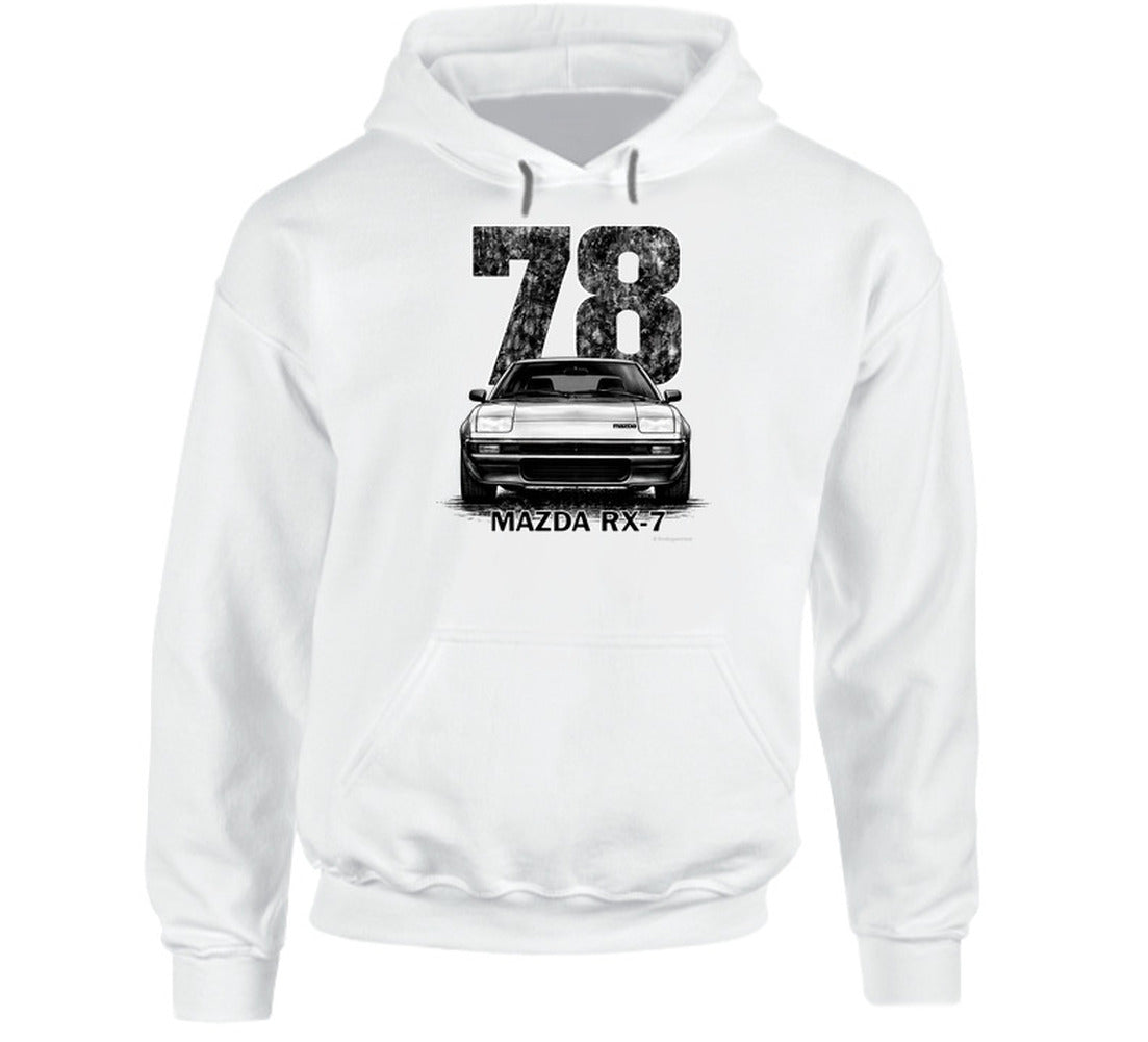 pullover hoodie featuring retro 1978 Mazda RX-7 graphic with bold distressed styling, vintage JDM automotive apparel