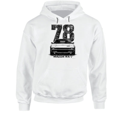 pullover hoodie featuring retro 1978 Mazda RX-7 graphic with bold distressed styling, vintage JDM automotive apparel