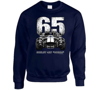 "1965 Shelby 427 Cobra racing sweatshirt in navy blue with retro distressed artwork"