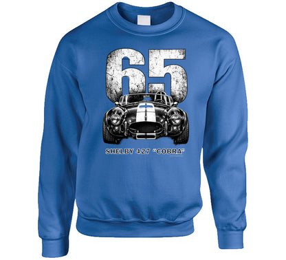 Royal Blue Sweatshirt: "1965 Shelby 427 Cobra vintage automotive sweatshirt in royal blue with bold distressed design"