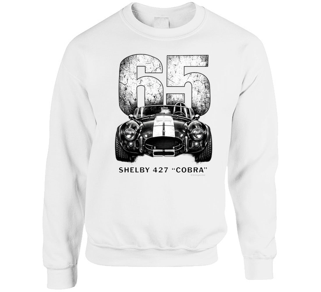 "1965 Shelby 427 Cobra vintage racing sweatshirt in white with distressed black graphic design"