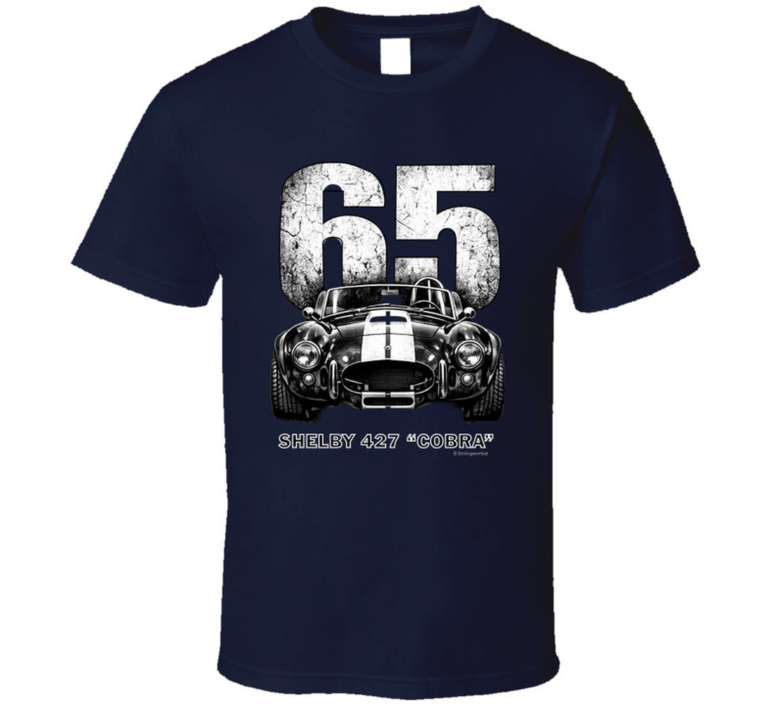 "1965 Shelby 427 Cobra racing t-shirt in navy blue with retro distressed artwork"