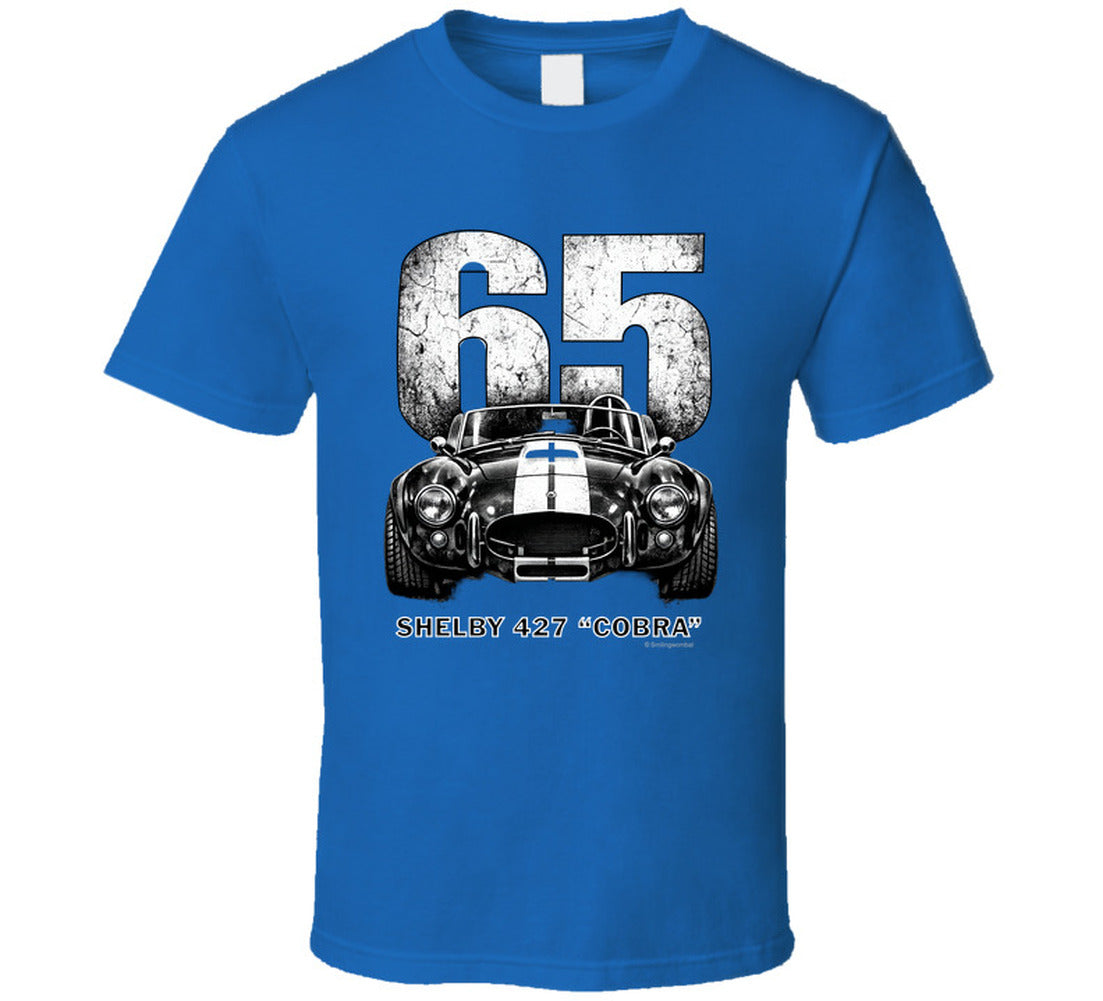  "1965 Shelby 427 Cobra vintage automotive t-shirt in royal blue with bold distressed design"