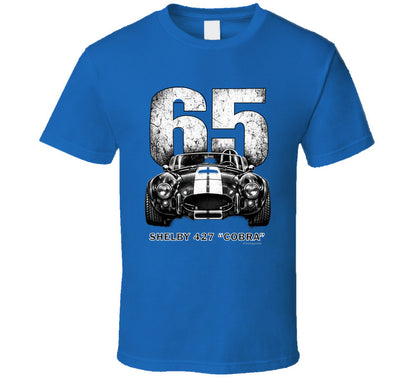  "1965 Shelby 427 Cobra vintage automotive t-shirt in royal blue with bold distressed design"